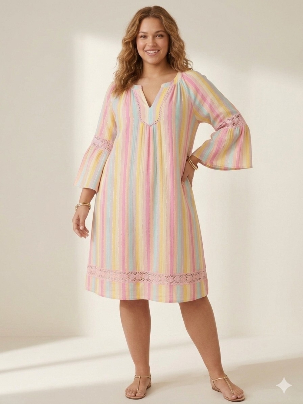Crown & ivy Pastel Stripe V-Neck Crochet-Trim Midi Dress - Pink, Yellow, Blue